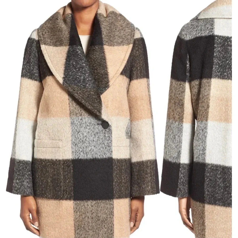 BADGLEY MISCHKA 'Maxine' Plaid Longline Wool Coat, tan/black/white